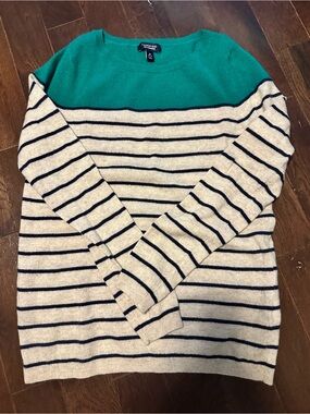 Lands' End Teal Yoke Cream and Navy Striped Crewneck Sweater